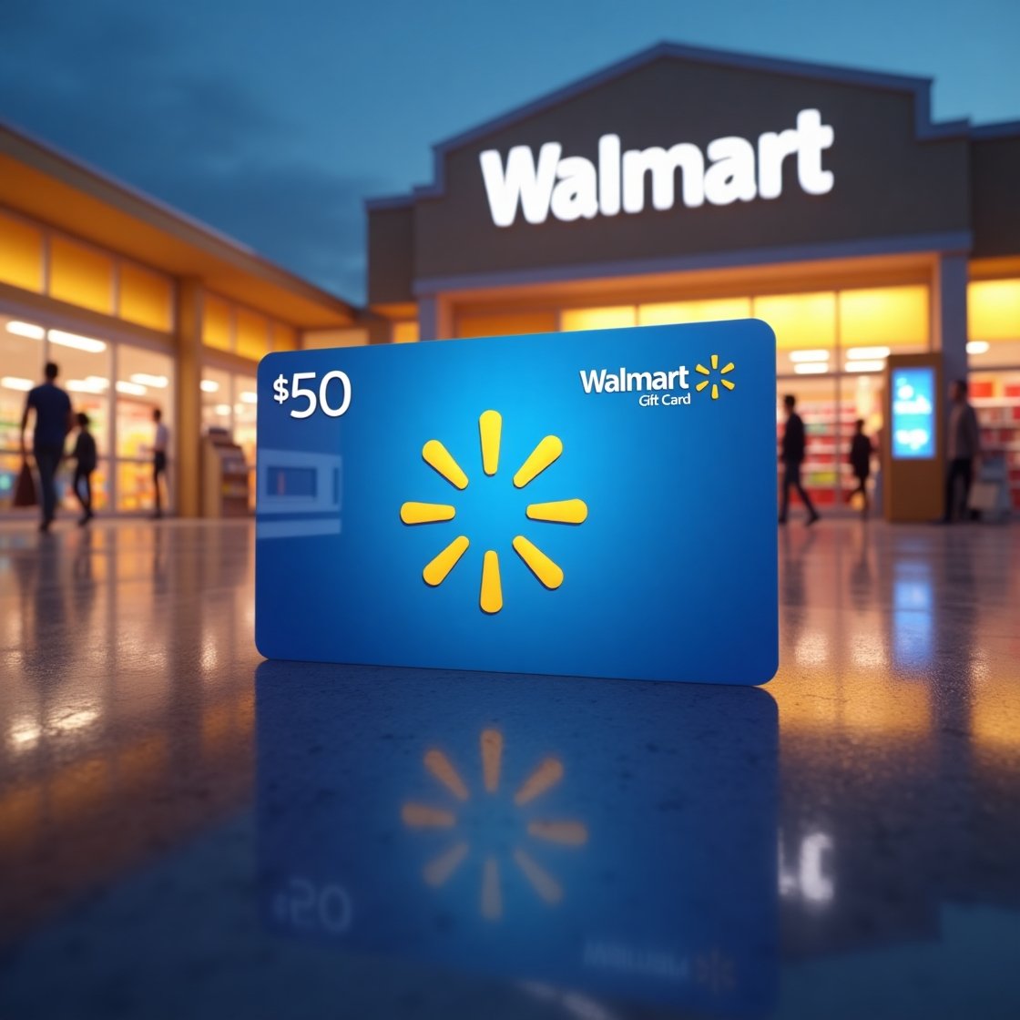 a blue gift card in front of a store
